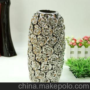 义乌直销 银色玫瑰造型花瓶 欧式现代家居装饰 工艺礼品 陶瓷摆件